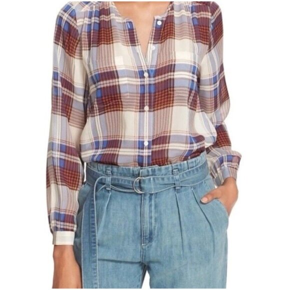 Revolve Joie Safford Silk Button Up Ochre Large Plaid Cream Red Blue Shirt 9756 - Picture 3 of 12